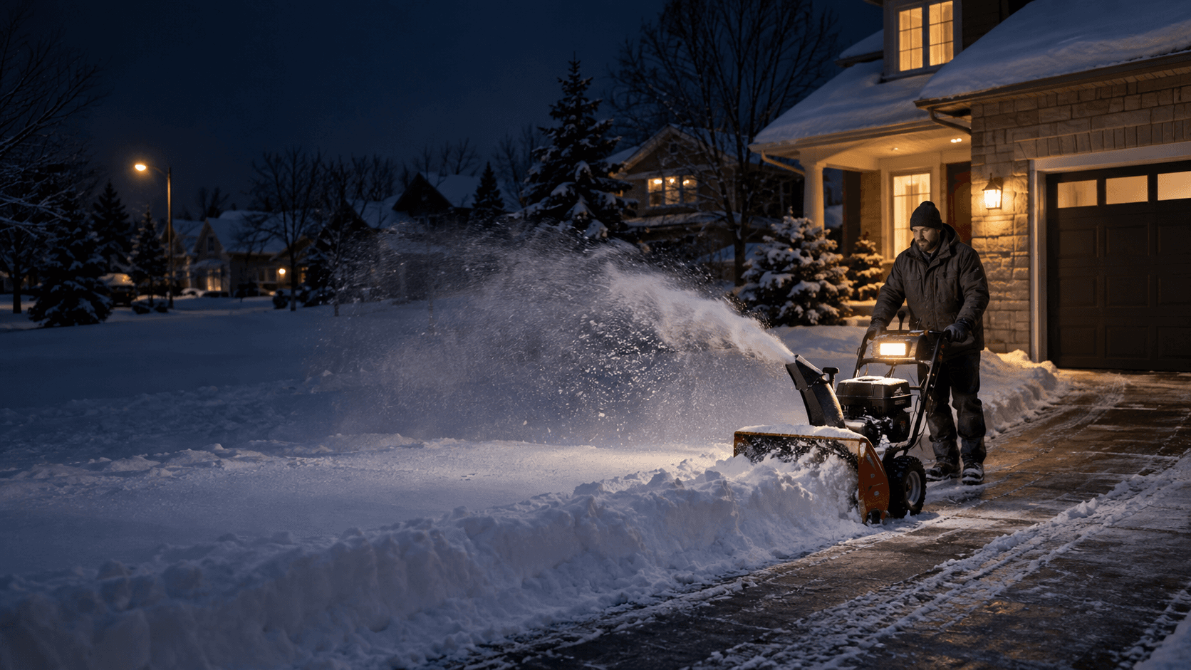 Snow clearing in an Ottawa neighbourhood at night